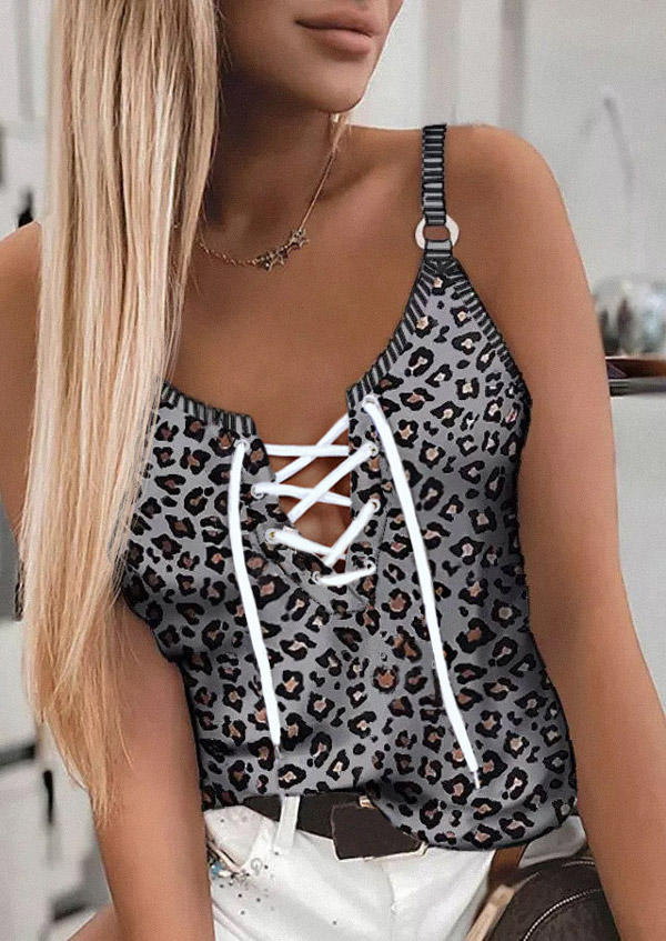 Tank Tops Lace Up Leopard Sleeveless Camisole in Light Grey. Size: L