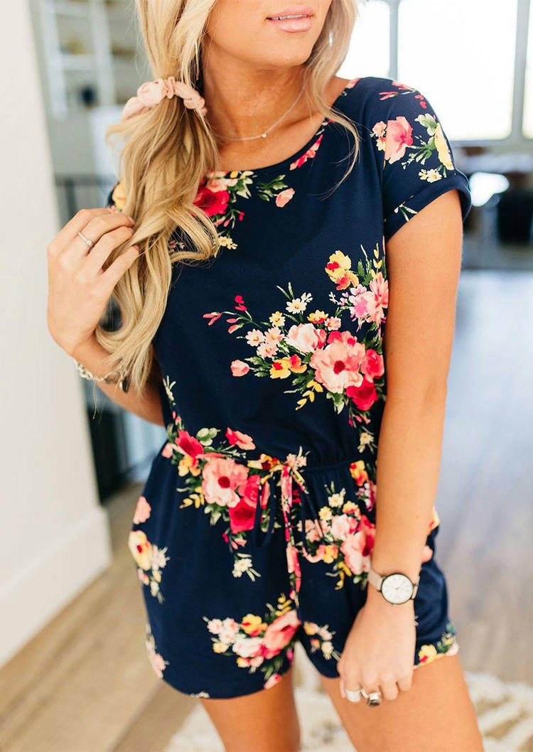 Jumpsuits & Rompers Floral Short Sleeve O-Neck Romper in Navy Blue. Size: S,M,L,XL