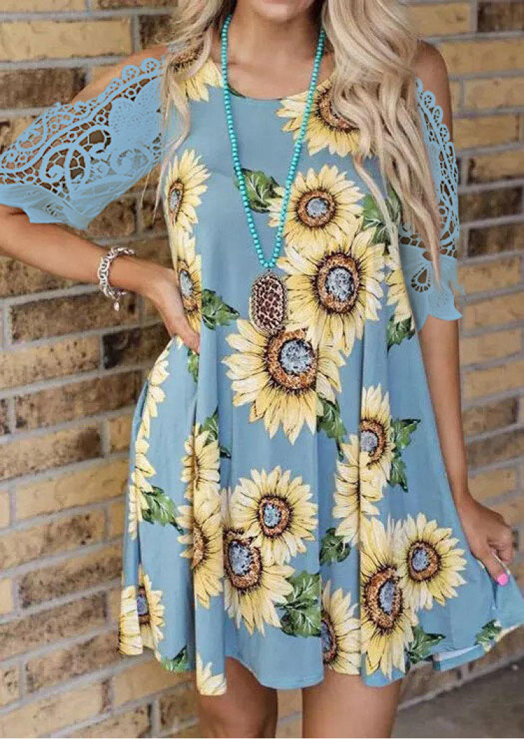 Mini Dresses Sunflower Lace Cold Shoulder Mini Dress - Sky Blue in Blue. Size: L,M