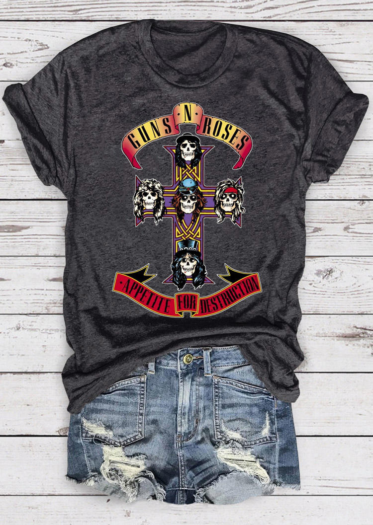 T-shirts Tees Guns N' Roses Skull Cross T-Shirt Tee in Dark Grey. Size: S,M,L,XL