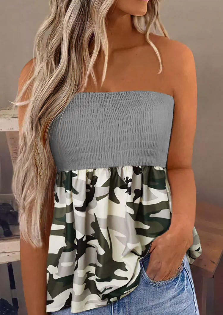Camouflage Smocked Strapless Tank