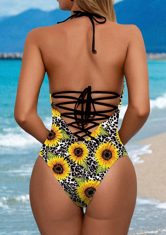 One-Pieces Swimsuit Sunflower Leopard Lace Up Halter One-Piece Bathing Suit Swimwear in Yellow. Size: S,M,L,XL