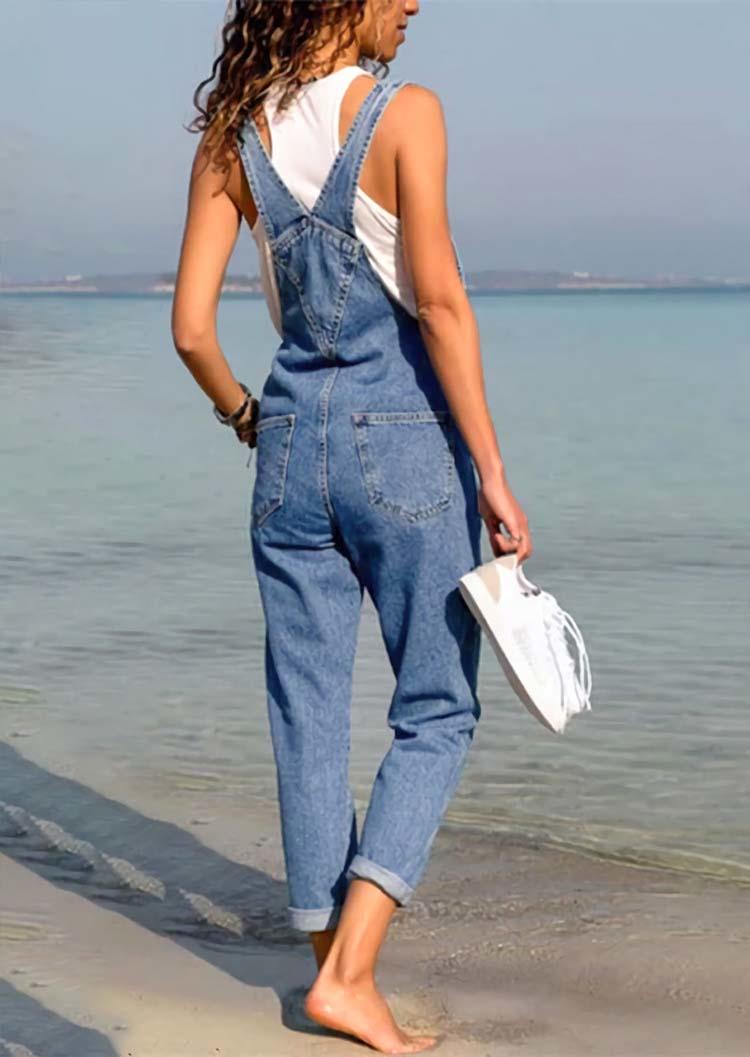 

Jumpsuits & Rompers Pocket Button Overall Denim Jumpsuit in Deep Blue. Size