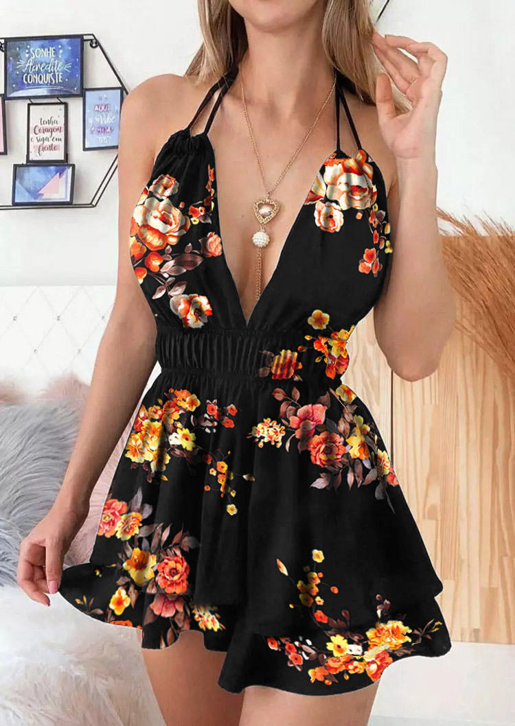 

Mini Dresses Floral Halter Open Back Mini Dress in Black. Size: ,L
