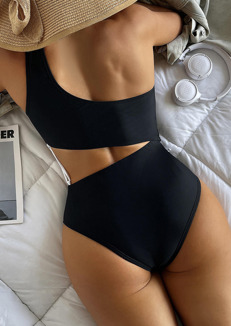 

One-Pieces Swimsuit Lace Up One Shoulder One-Piece Bathing Suit Swimwear in Black. Size