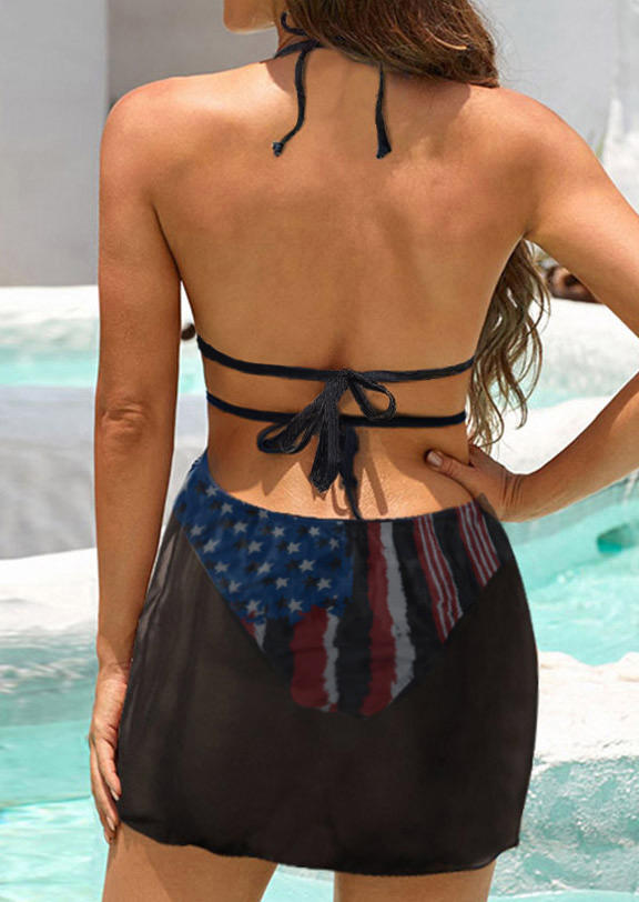 Bikini Sets 3Pcs American Flag Halter Bikini Set in Black. Size: 2XL,L,M,S,XL