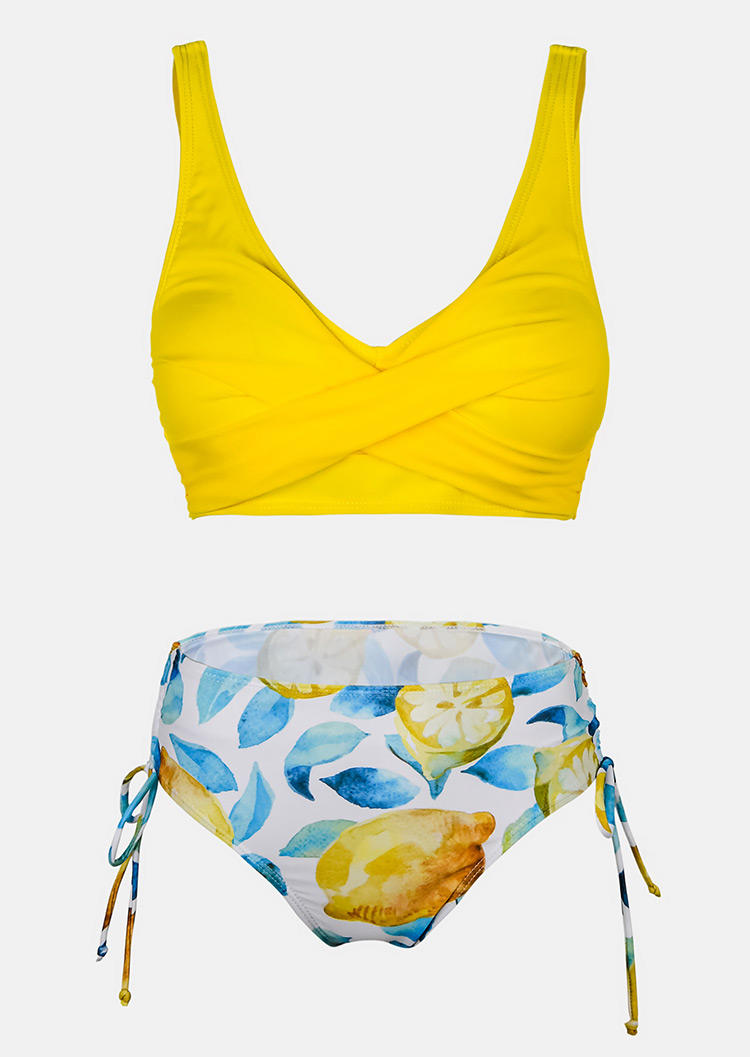 

Bikini Sets Criss-Cross Lemon Leaf Tie Bikini Set in Yellow. Size