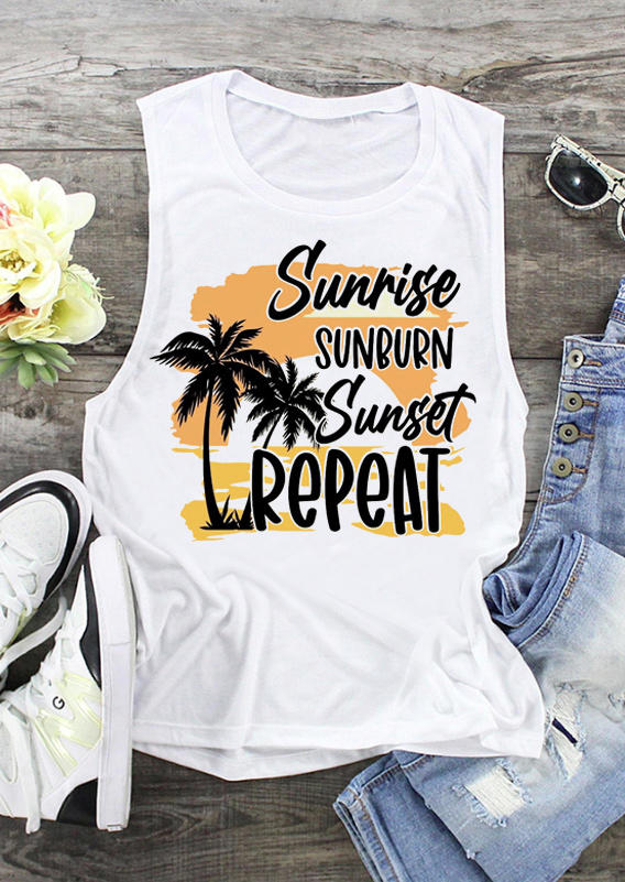 

Tank Tops Sunrise Sunburn Sunset Repeat Coconut Tree Tank Top in White. Size