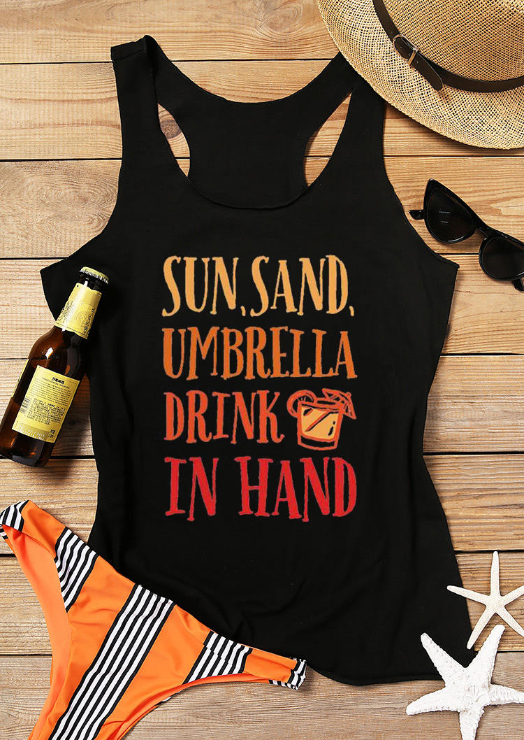Tank Tops Sun Sand Umbrella Drink In Hand Racerback Tank Top in Black. Size: S,M,L,XL