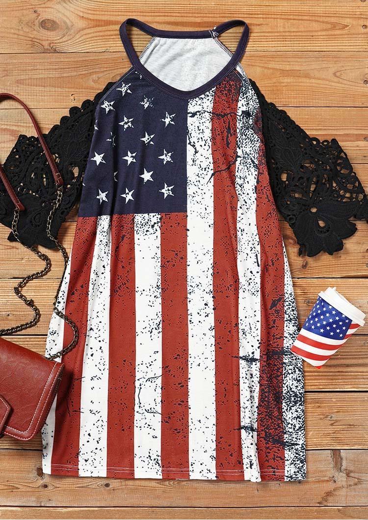 Mini Dresses American Flag Lace Cold Shoulder Mini Dress in Multicolor. Size: M