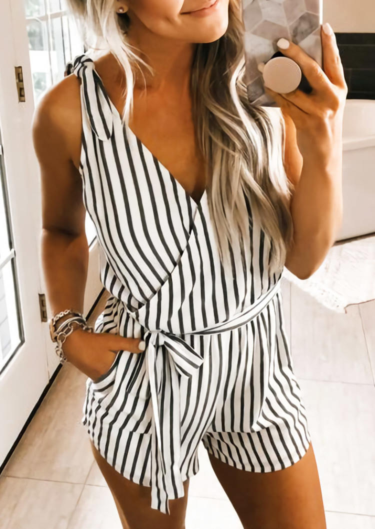 Jumpsuits & Rompers Vertical Striped Wrap Sleeveless Romper in White. Size: M