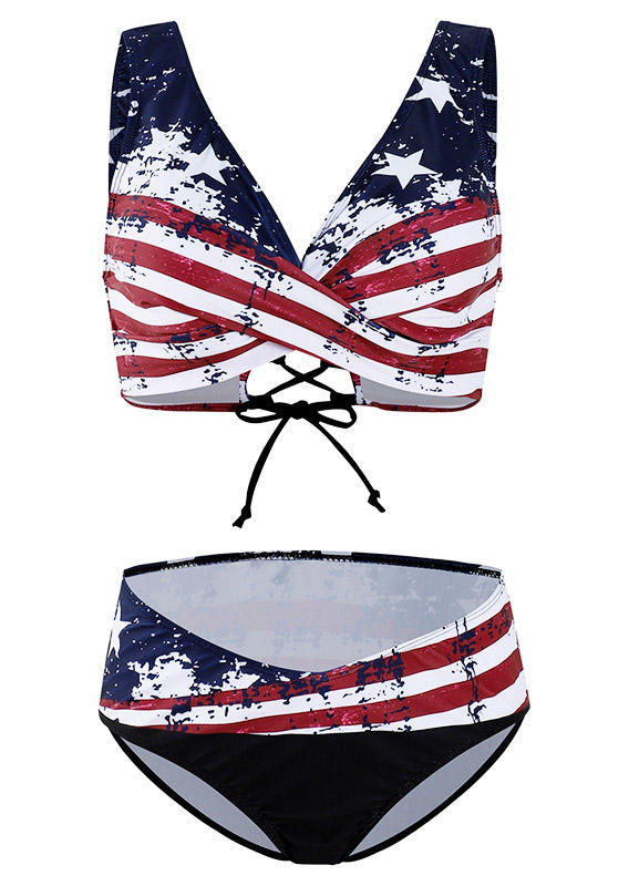 Bikini Sets American Flag Lace Up Bikini Set in Multicolor. Size: M,L