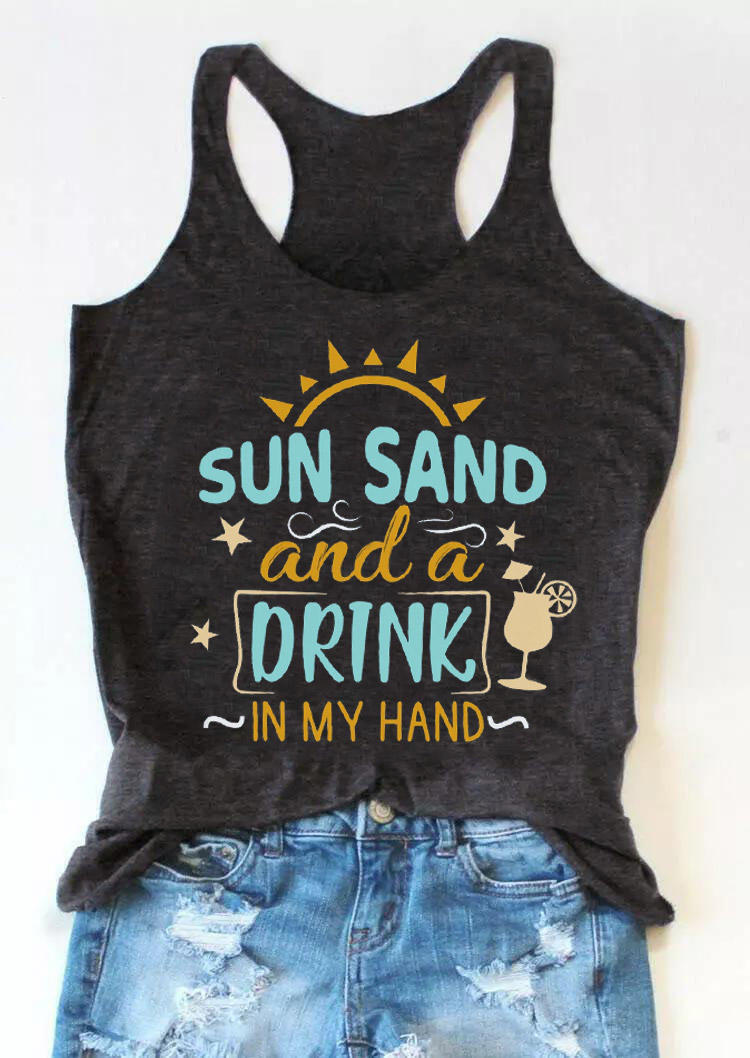Tank Tops Sun Sand And A Drink In My Hand Racerback Tank Top in Dark Grey. Size: S,M,L,XL
