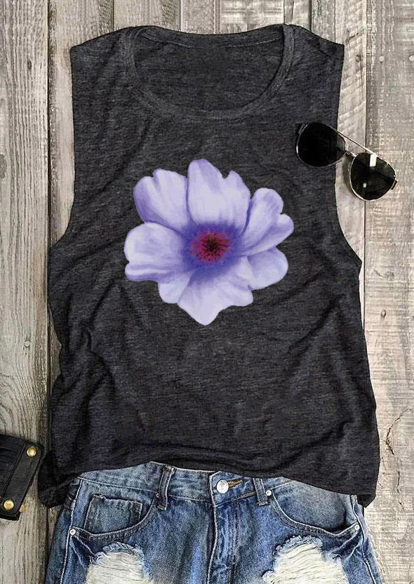 

Tank Tops Floral Very Peri O-Neck Sleeveless Tank Top in Dark Grey. Size