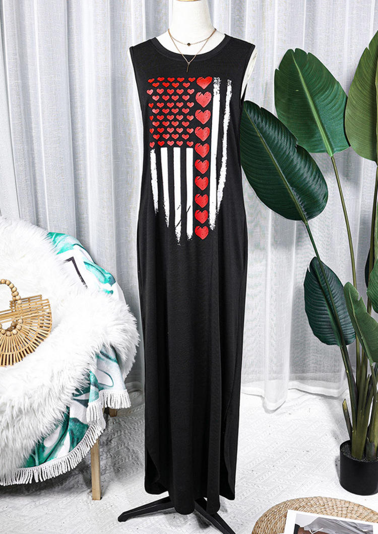 Maxi Dresses Heart Striped Pocket Sleeveless Maxi Dress in Black. Size: S,M,L,XL