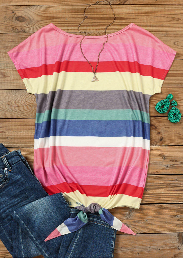 Colorful Striped Tie Short Sleeve Blouse