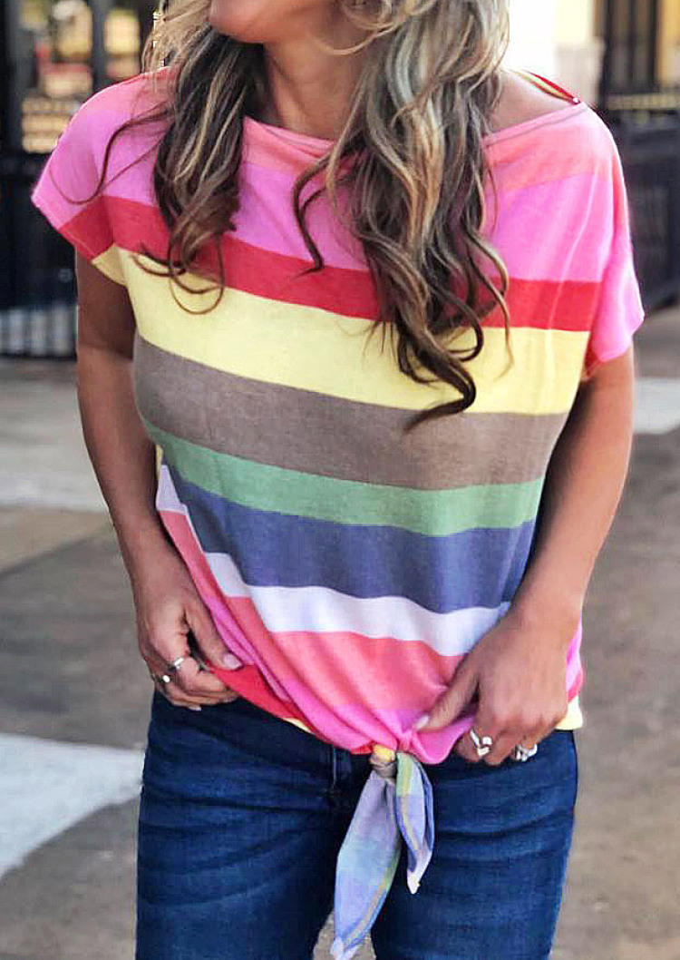 Blouses Colorful Striped Tie Short Sleeve Blouse in Multicolor. Size: L,M,S,XL