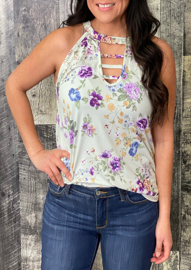 Tank Tops Floral Keyhole Neck Halter Tank Top in White. Size: L,M,S,XL