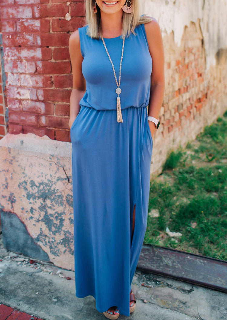 Maxi Dresses Ruffled Slit Pocket Maxi Dress - Lake Blue in Blue. Size: M