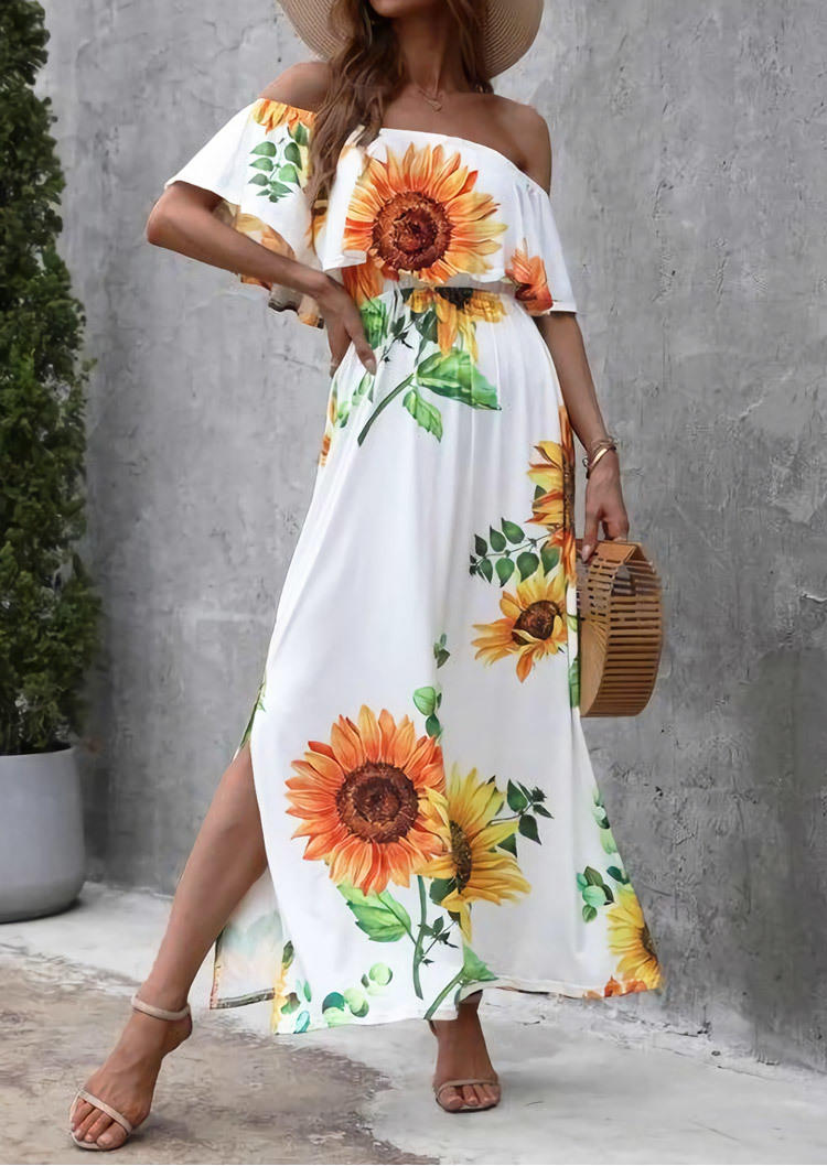 Sunflower Off Shoulder Slit Maxi Dress - White