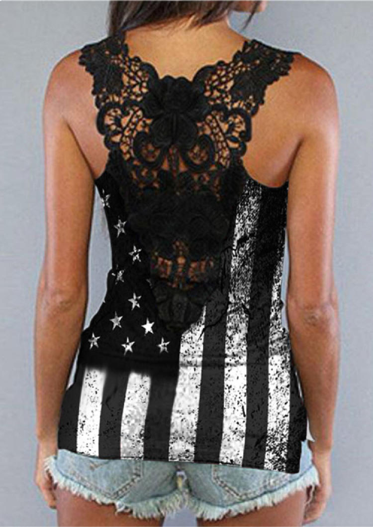 Tank Tops Lace Splicing American Flag Tank Top in Multicolor. Size: L,M,S,XL