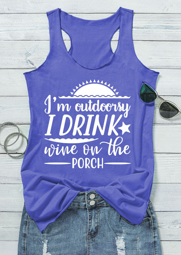 Tank Tops I'm Outdoorsy I Drink Wine On The Porch Very Peri Racerback Tank Top in Blue. Size: S