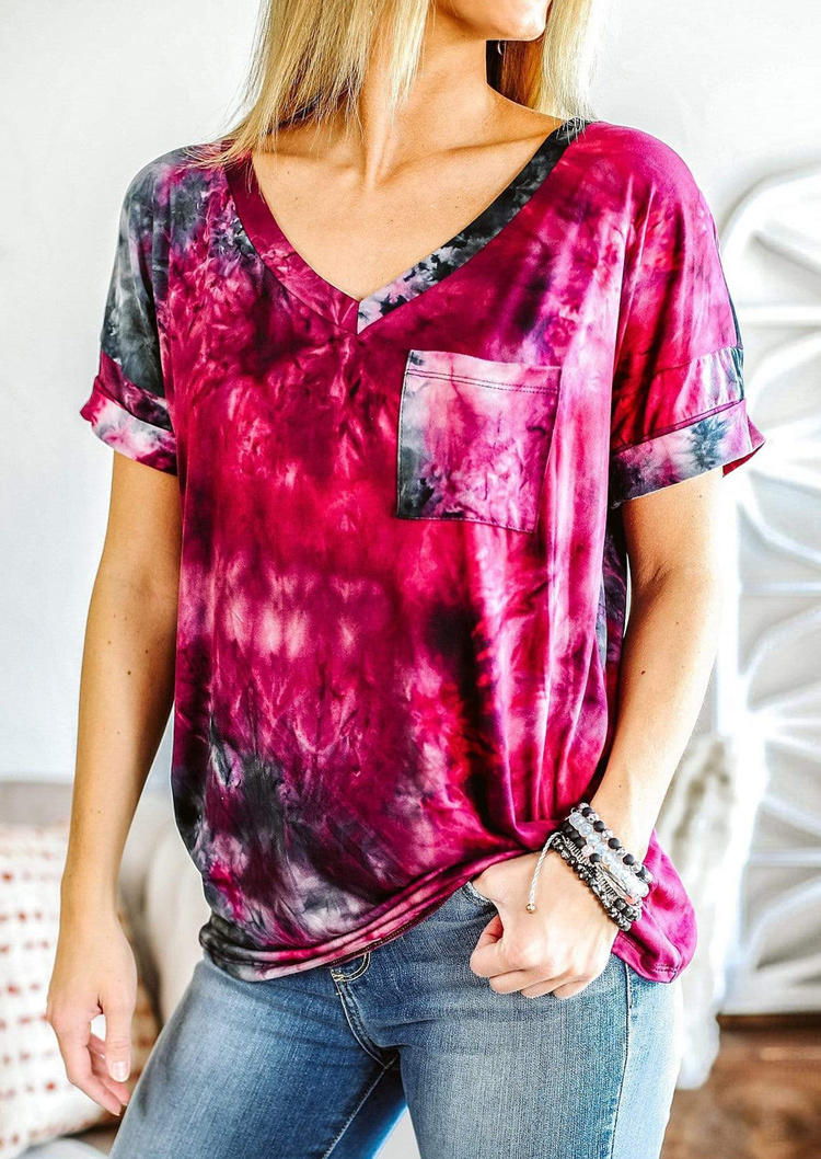 

Blouses Tie Dye Pocket V-Neck Blouse in Multicolor. Size: ,M,L,XL