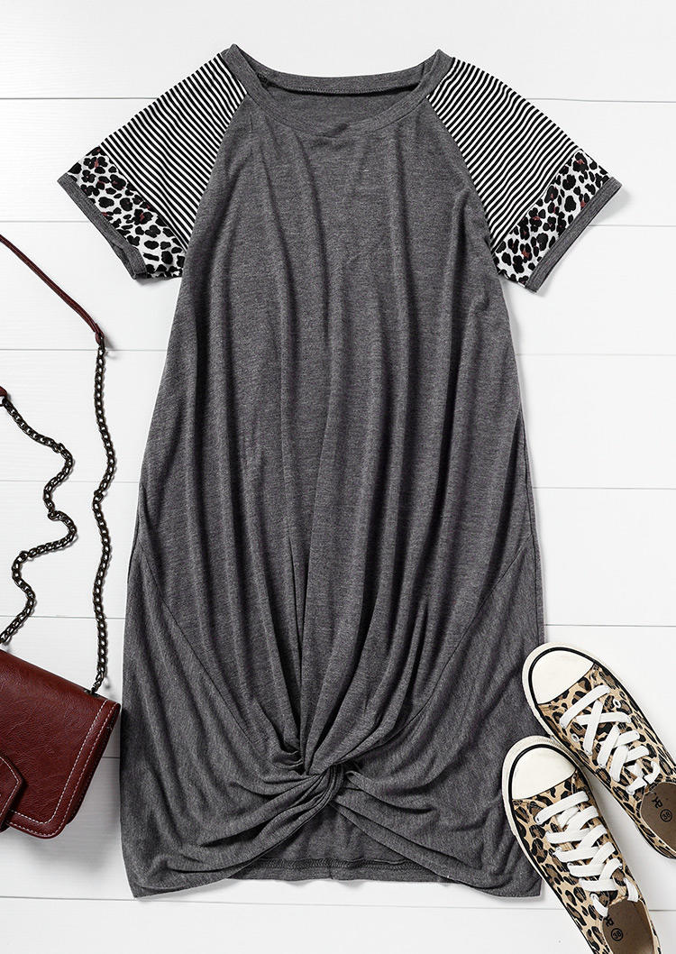 Mini Dresses Striped Leopard Twist Mini Dress in Gray. Size: M,XL