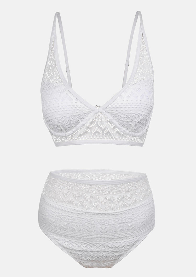 

Bikini Sets Lace Hollow Out High Waist Bikini Set in White. Size: ,M,L,XL