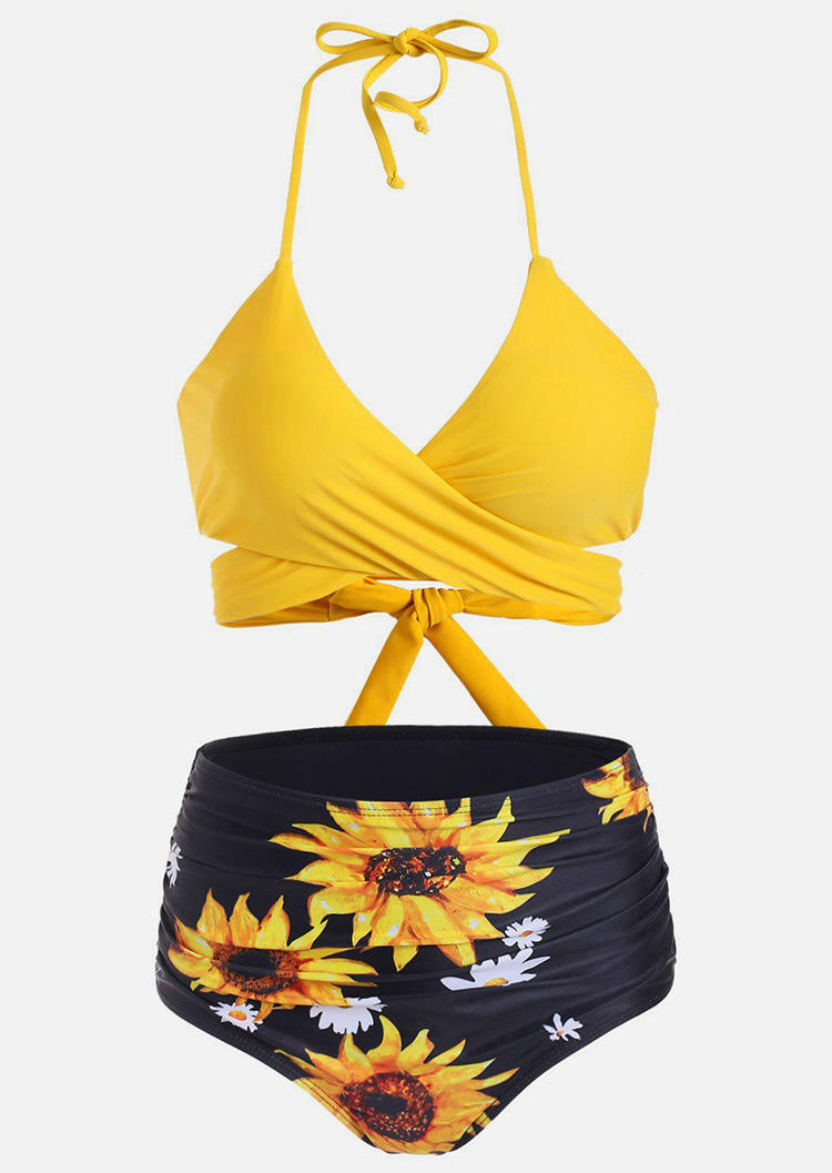 Bikini Sets Sunflower Tie Criss-Cross Halter Bikini Set in Yellow. Size: L,M,S