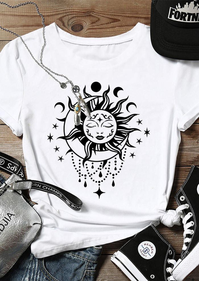 T-shirts Tees Sun Moon Star O-Neck T-Shirt Tee in White. Size: S,M,L,XL