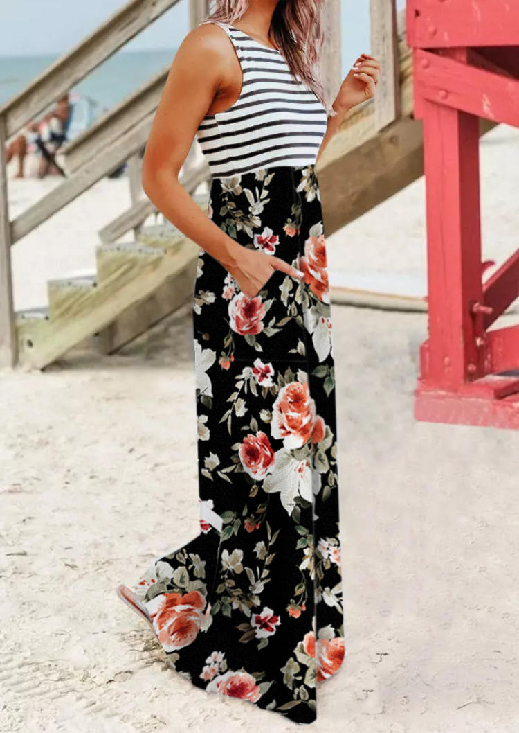 

Maxi Dresses Striped Floral Sleeveless Maxi Dress in Black. Size