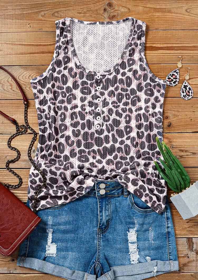 

Tank Tops Leopard Button Casual Tank Top in Multicolor. Size