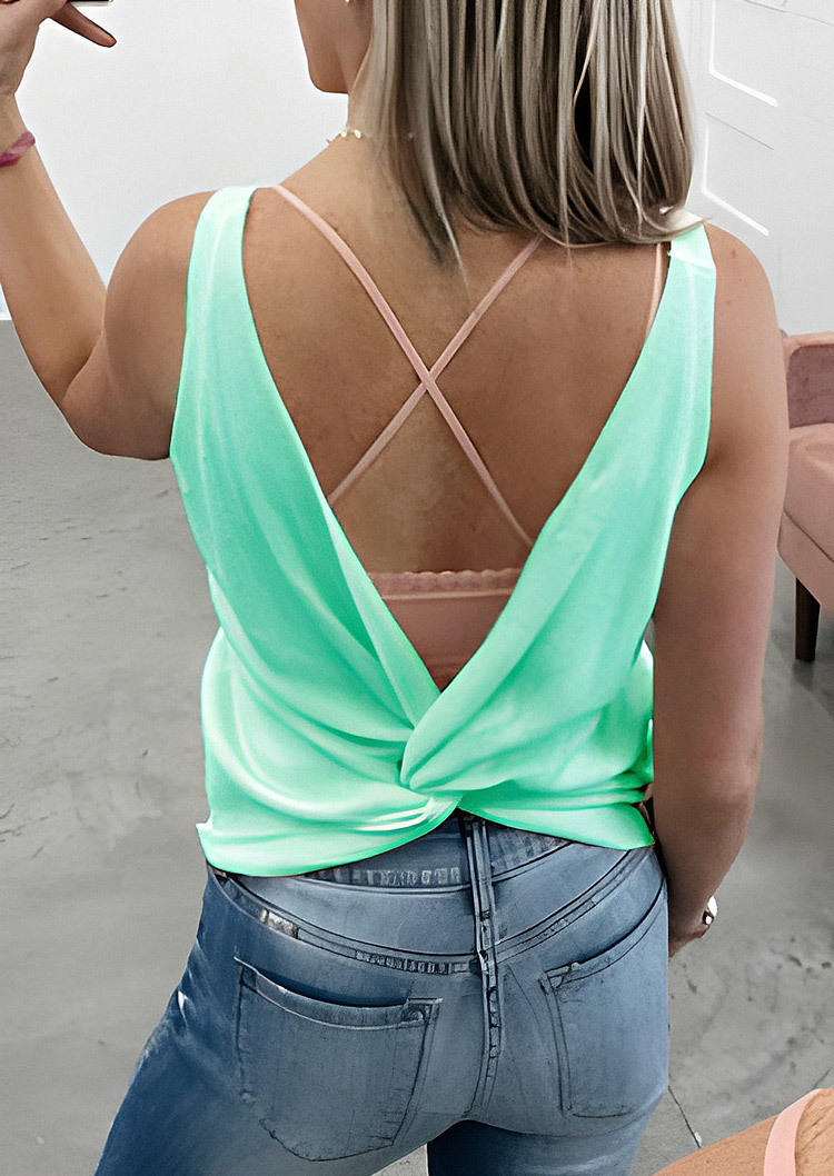 

Tank Tops Twist Open Back Sleeveless Tank Top in Light Green. Size