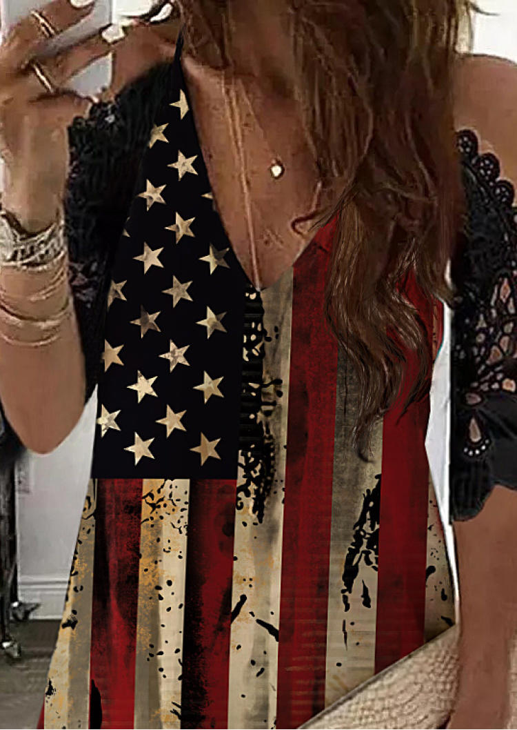 American Flag Lace Splicing Cold Shoulder Mini Dress