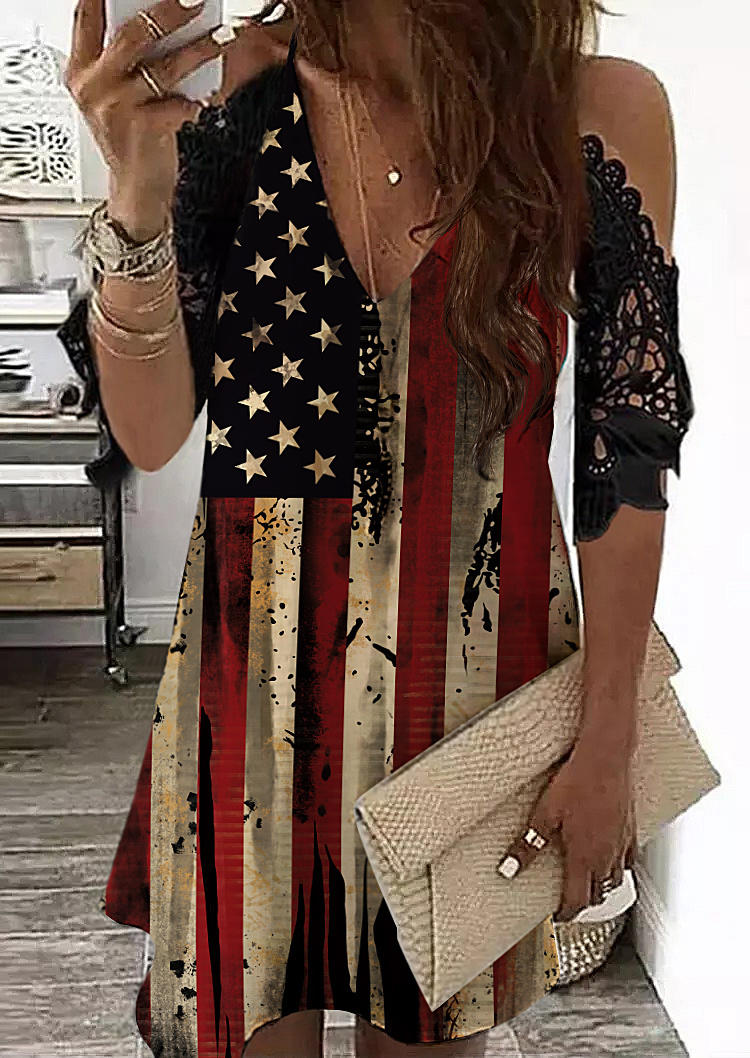 Mini Dresses American Flag Lace Splicing Cold Shoulder Mini Dress in Multicolor. Size: S