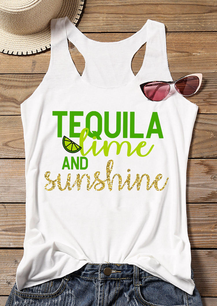 Tank Tops Tequila Lime And Sunshine Racerback Tank Top in White. Size: S,M,L,XL