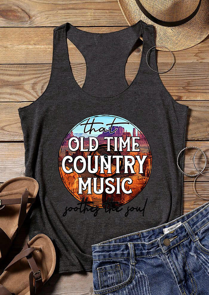 

Tank Tops That Old Time Country Music Soothes The Soul Racerback Tank Top in Dark Grey. Size