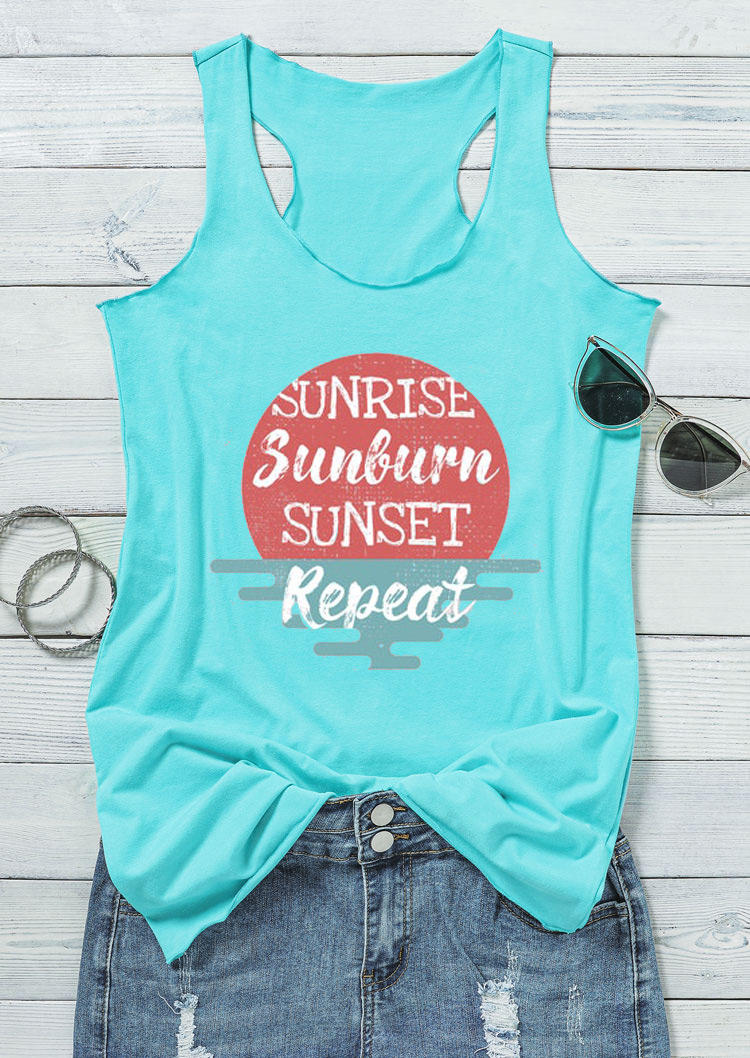 

Tank Tops Sunrise Sunburn Sunset Repeat Racerback Tank Top in Cyan. Size: ,M,L,XL