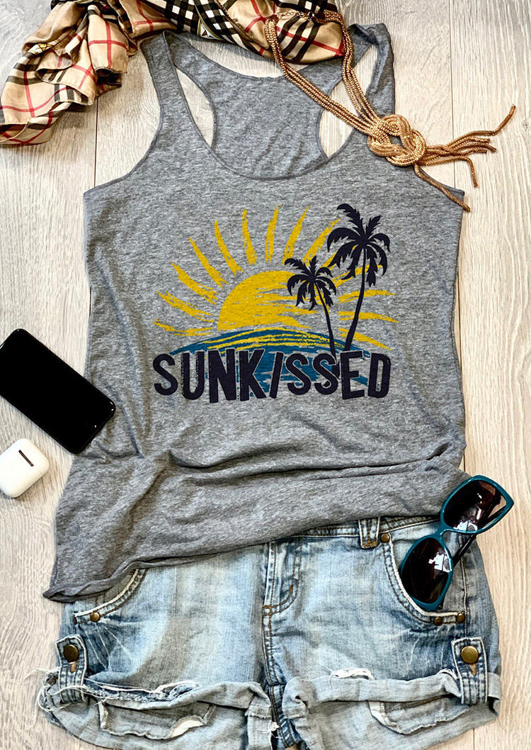 Tank Tops Sunkissed Coconut Tree Racerback Tank Top in Gray. Size: S,M,L,XL