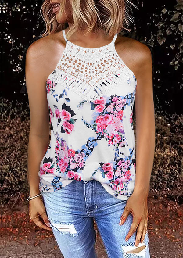 

Tank Tops Floral Lace Splicing Camisole in White. Size