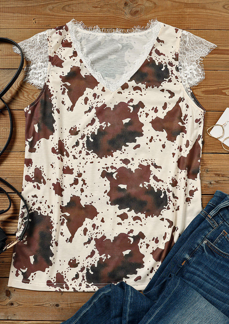 

Blouses Lace Splicing Cow V-Neck Blouse in Multicolor. Size
