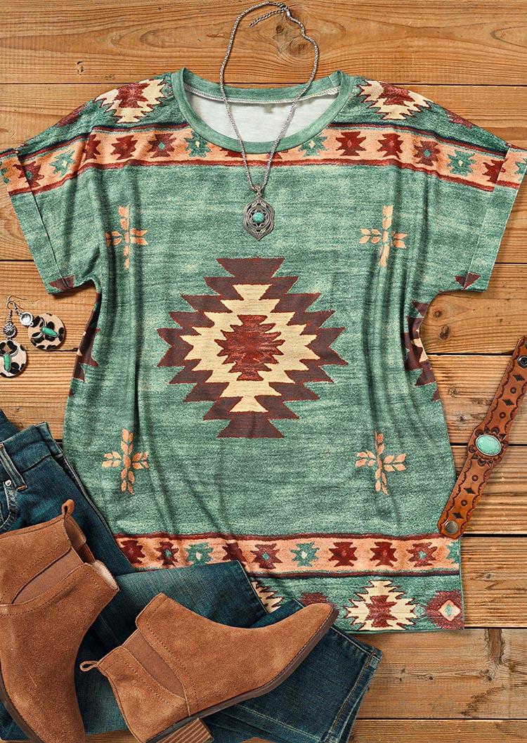 Blouses Aztec Geometric Short Sleeve Blouse in Multicolor. Size: L,M,S,XL