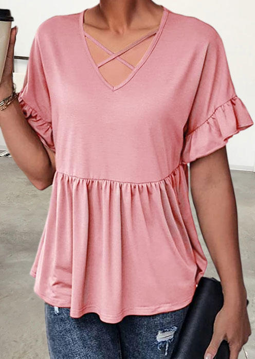 Blouses Criss-Cross Ruffled Short Sleeve Blouse in Pink. Size: S,M,L,XL