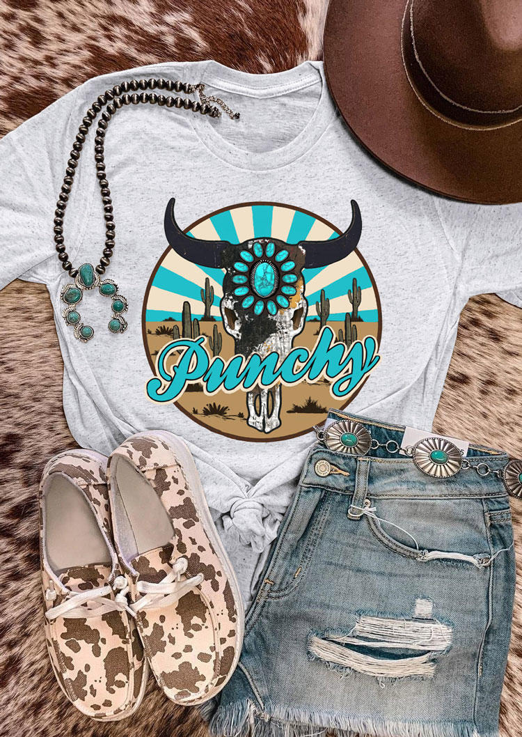 T-shirts Tees Steer Skull Turquoise Cactus Punchy T-Shirt Tee in Light Grey. Size: S,M,L,XL