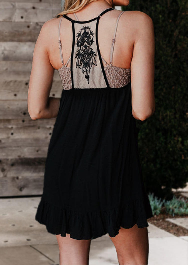 Ruffled Spaghetti Strap Mini Dress - Black