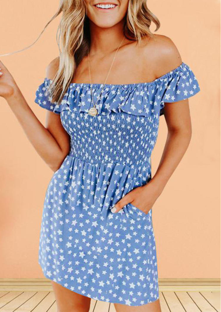 Star Ruffled Smocked Pocket Off Shoulder Mini Dress - Light Blue