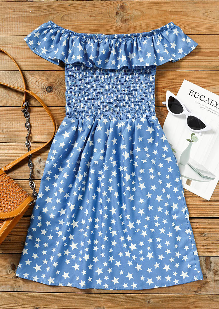 Star Ruffled Smocked Pocket Off Shoulder Mini Dress - Light Blue