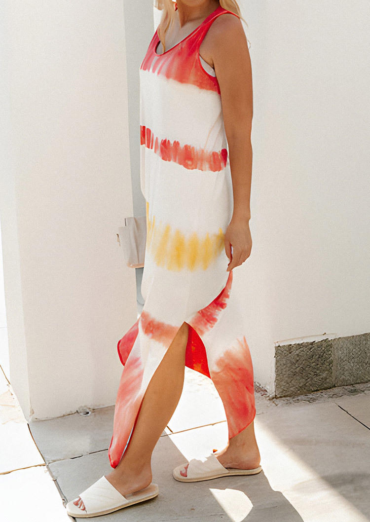 

Maxi Dresses Tie Dye Slit Sleeveless Maxi Dress in Multicolor. Size