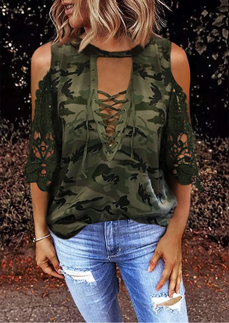 Blouses Lace Splicing Camouflage Cold Shoulder Blouse - Army Green in Green. Size: L